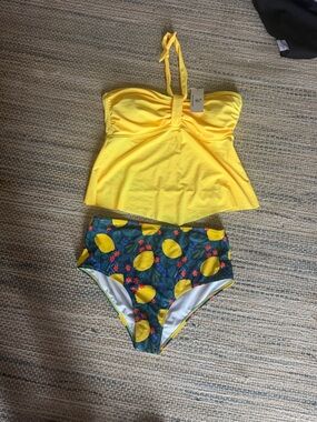 Yellow Tankini Top with Lemon-Print High-Waist Swim Bottoms